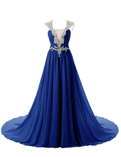 A-Line US6 Beading Blue Chiffon Evening Dress