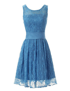 A-Line Jewel US8 Short Blue Lace Prom Dress 
