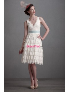 2013 Elegant Princess V-neck Bow Sash Knee-length Layered White Lace Prom/Evening/Cocktail Dress PD-50311
