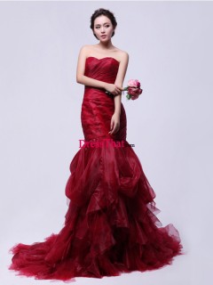 2013 Modern Fashion Mermaid Sweetheart Ruched Ruffles Sweep Train Burgundy Organza Wedding/Evening/Cocktail Dress WD-50229