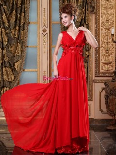2013 Stunning Hot Red V-neck Princess Handmade Flowers Beads Long Chiffon Wedding Reception Dress WD-50353