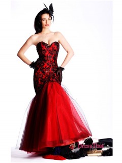 Sexy Red Sweetheart Mermaid Black Lace Applique Tulle Prom Dresses/Evening Dresses Under 200 Sale ED-4813