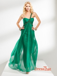 Best Selling A-line One-shoulder Ruched Beading Ruched Green Long Chiffon Prom Dresses/Evening Dresses Sale  PD-4156