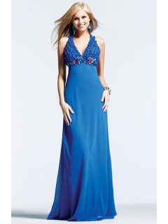 New Arrival Summer Floor Length A-line Halter Flower Empire Royal Blue Cheap Chiffon Prom Dresses Under 150  PD-4119