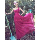 Elegant Princess One Shoulder Handmade Flowers Ruched High Waist Burgundy Floor-Length Chiffon Evening/Party Dress ED-50315