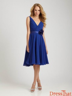 Gorgeous Princess Ruched Hand-made Flower Short Royal Blue Chiffon Wedding Birdesmaid Dress WPBD-8006