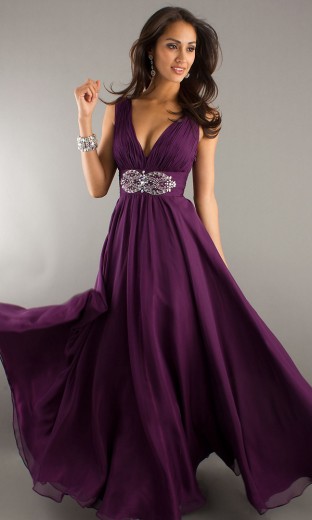 New! Sexy Deep V-Neck A-line Ruched Beading Long Grape Chiffon Evening Dresses ED2024