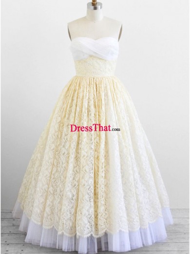 Princess Strapless Sweetheart Ruched Lace Yellow Elegant Floor-length Prom/Party Dress PD-50279