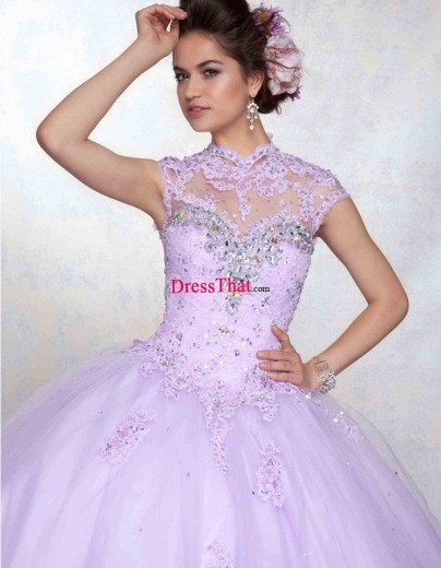Elegant Lilac Lace Embroideries Beaded Tulle Ball Gown Long Quinceanera Dresses QD-50461