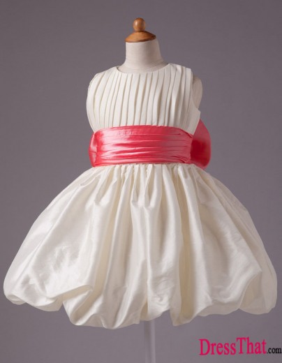 Ivory Ball Gown Scoop Cute Sweet Taffeta Knee-length Flower Girl Dress with Red Bowknot Sash FD-50035