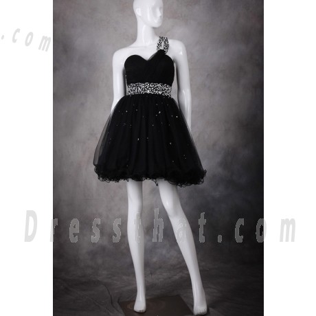 Glamorous A-Line One Shoulder Short Black Organza Homecoming Dress with Beading