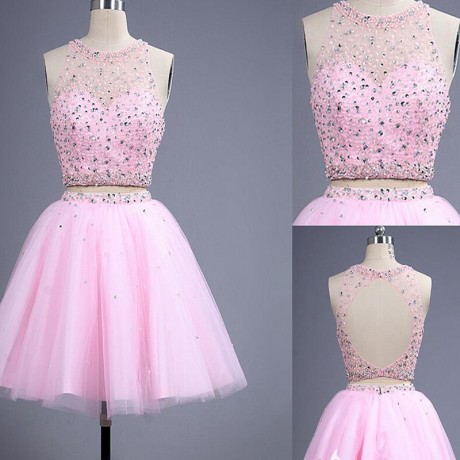 Cute Two-Piece A-Line Halter Short Pink Tulle Homecoming Dress with Beading