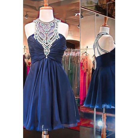 A-Line Scoop Beading Short Navy Blue Chiffon Homecoming Dress