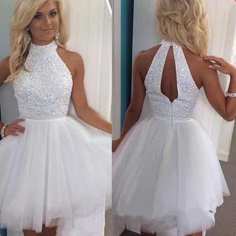 Sexy A-line High-neck White Tulle Short Open Back Beaded Homecoming/Prom Dress