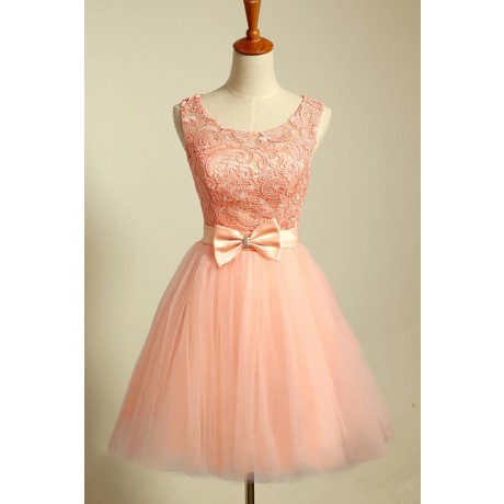 A-Line Scoop Short Pink Tulle Lace Homecoming Dress with Bow