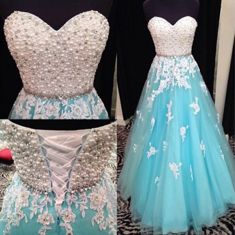 A-Line Sweetheart Floor-Length Blue Tulle Homecoming Dress with Appliques Beading