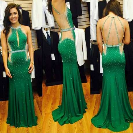 Mermaid Halter Sweep Train Green Criss-Cross Straps Chiffon Beaded Homecoming Dress