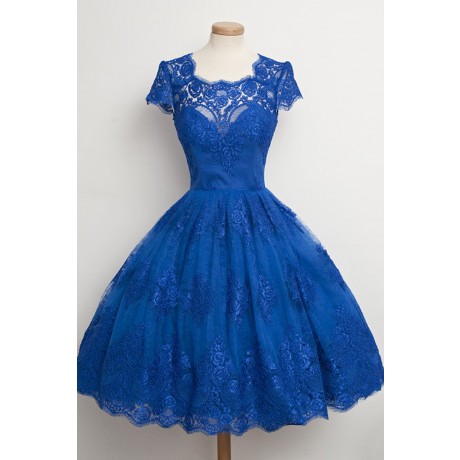 Ball Gown Square Knee-Length Royal Blue Lace Homecoming Dress