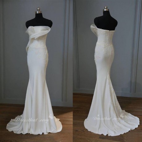 Mermaid Wedding Dress - Strapless Satin Sweep Train Applique Lace