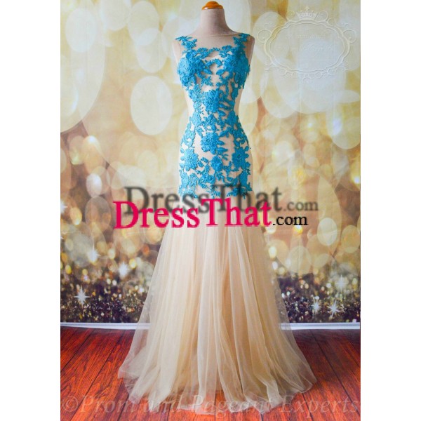 Elegant  Mermaid Blue Appliques Tulle Prom Dresses/Evening Dresses PD-4868