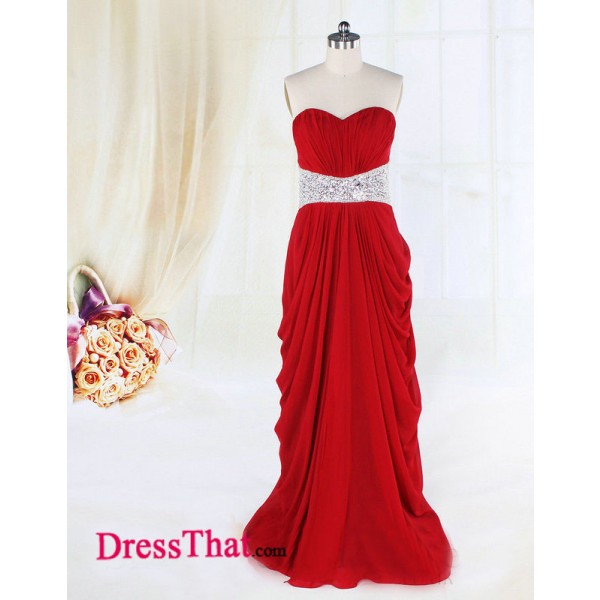 Simple Sweetheart Ruched Empire Beading Sequins Layered Red Chiffon Cheap Prom Dresses Under 150 Sale  PD-4225