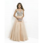 Luxurious A-Line V-neck Nude Satin Prom Dresses PD-30100