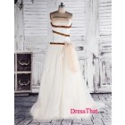 Simple Floor Length Strapless Flowers Decorated Natural Tulle Cheap Prom Dresses Under 150