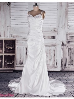 Real Sample Mermaid Princess Ruched Spaghetti Straps Chapel Train Long Satin Wedding Dress WAD-8064