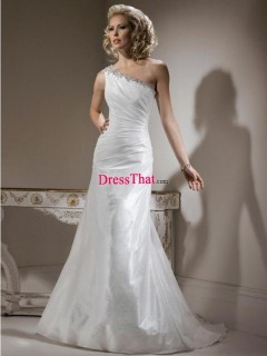 2013 Elegant A-Line One Shoulder Beaded Long White Taffeta Wedding Dress WD-50407