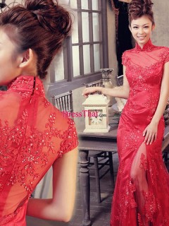 2013 Gorgeous Sheath High Collar Appliques Beaded Red Youthful Floor Length Wedding Dress WD-50339 
