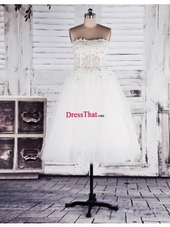 2013 Real Sample Short Princess Strapless Beaded Lace Tulle White Romantic Wedding Dress WD-50245