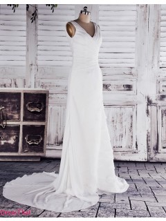 2013 Modest Sheath/Column Ruched Chaple Train Long Chiffon Wedding Dress WHD-8073