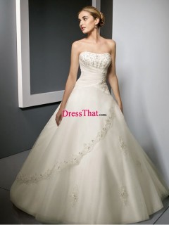 Ball A-line Strapless Embroidery Beaded Stunning White Organza Sweep Train Wedding Dress WD-50420