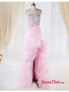 Chic Sweetheart Beading Sequin Embellished Ruched Front Split Ruffles Organza Pink Prom Dresses Sale