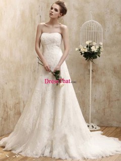 Elegant Princess Strapless White Lace Sweep Train Wedding Dress WD-50341