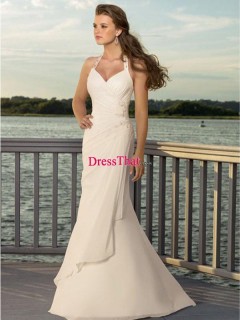 Halter Sheath Mermaid Ruched Embroidery White Long Chiffon Wedding Dress WD-50457