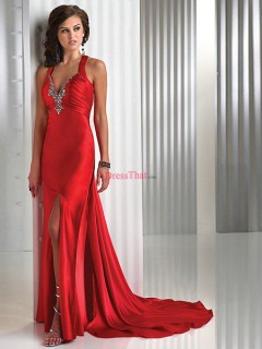 Informal Satin High-slit Beach V-neck Prom Dresses PD-30039