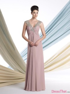 Gorgeous Princess V-neck Ruched Lace Applqiues Beading Long Chiffon Mother of Bride Dress MBD-9167