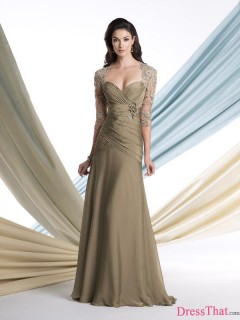 Affordable A-line Ruched Lace Appliques Long Chiffon Mother of The Bride Dress With Sleeves MBD-9169