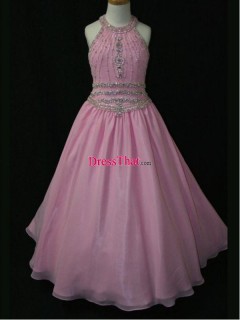 Princess Pink Halter Beaded Organza Short Prom Dress PD-50443