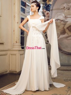 Romantic Wide Straps Pricness White Chiffon Ruffles Ruched Beaded Floor-length Flatter Wedding Dress WD-50243