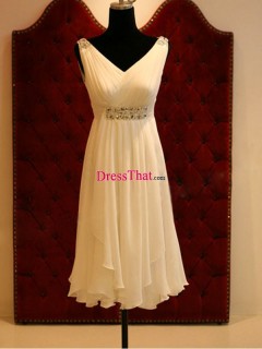 Stunning Real Sample Princess V-neck Beaded Ruched White Chiffon Evening/Cocktail/Party Dress PD-50411