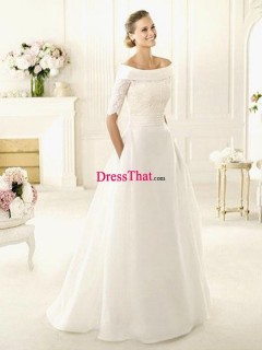 Vintage White Long Taffeta Scalloped Neckline A-line Wedding Dresses WD-50456