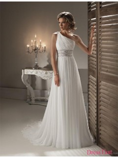 Gorgeous Princess Ruched One-shoulder Long White Chiffon Wedding Dress WD-9109