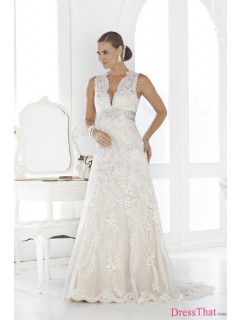 Elegant A-line V-neck Long Lace Applqiues Wedding Dress With A Belt WD-9127