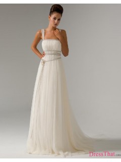 Hot Sale Princess Square Ruched Long Tulle Wedding Dress With Straps WD-9141