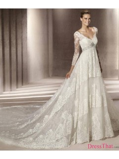 Princess V-neck Chapel Train Lace Wedding Dress With Long Sleeves WD-9142