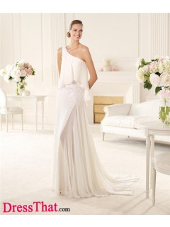 Affordable Sheath One-shoulder Lace Appliques Beading Long Chiffon Wedding Dress WD-9228