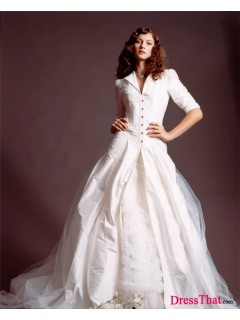 Elegant A-Line Sweetheart Half Sleeves Ruffles Natural Taffeta wedding dress WD-9264