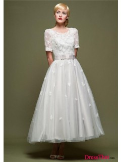 Modern A-Line Scoop Short Sleeves Appliques Natural Satin wedding dress WD-9265